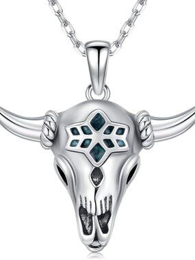 Women's Silver D Sterling Turquoise Pendant Highland Cow Skull Western Necklace